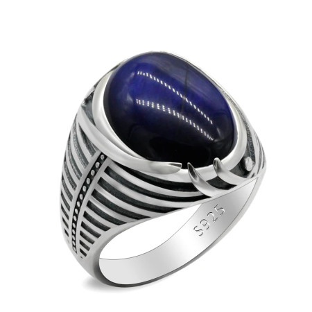 Anillo de Plata de Ley 925 para hombre con piedra de ojo de tigre azul Natural, joyería turca, anillo Punk de rayas simples para hombre, regalo de cumpleaños