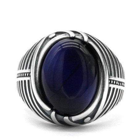 Anillo de Plata de Ley 925 para hombre con piedra de ojo de tigre azul Natural, joyería turca, anillo Punk de rayas simples para hombre, regalo de cumpleaños