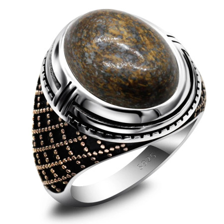 Joyería turca Anillo para hombre Piedra grande Bronce natural Piedra gris Plata de ley 925 Oro rosa Anillo de plata para hombre con piedra Joyería turca Anillo para hombre Piedra grande Bronce natural Piedra gris Plata de ley 925 Oro rosa Anillo de plata para hombre con piedra