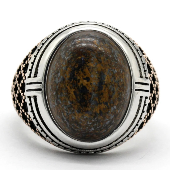 Joyería turca Anillo para hombre Piedra grande Bronce natural Piedra gris Plata de ley 925 Oro rosa Anillo de plata para hombre con piedra - malaquita tienda 36