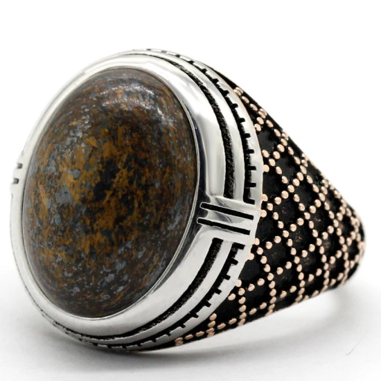 Joyería turca Anillo para hombre Piedra grande Bronce natural Piedra gris Plata de ley 925 Oro rosa Anillo de plata para hombre con piedra - malaquita tienda 36
