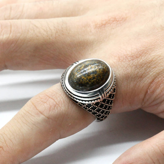 Joyería turca Anillo para hombre Piedra grande Bronce natural Piedra gris Plata de ley 925 Oro rosa Anillo de plata para hombre con piedra - malaquita tienda 36