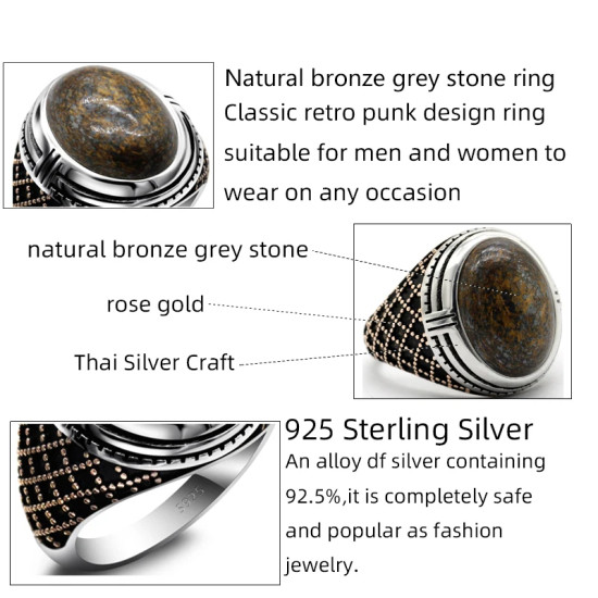 Joyería turca Anillo para hombre Piedra grande Bronce natural Piedra gris Plata de ley 925 Oro rosa Anillo de plata para hombre con piedra - malaquita tienda 36