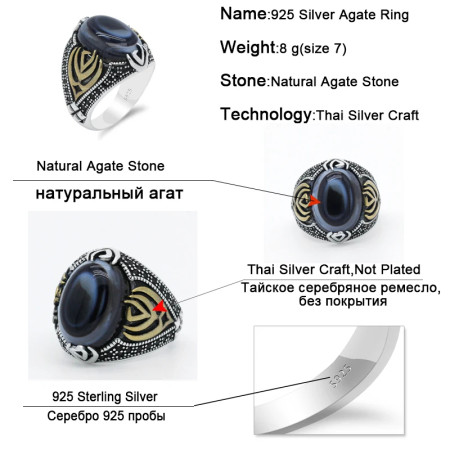 Anillo Vintage para hombre con piedra de ágata, Plata de Ley 925, anillo de piedras preciosas naturales de mal de ojo, joyería preciosa para mujer, fiesta de boda Anillo Vintage para hombre con piedra de ágata, Plata de Ley 925, anillo de piedras preciosas naturales de mal de ojo, joyería preciosa para mujer, fiesta de boda