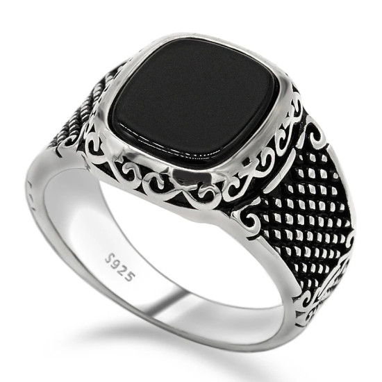 Anillo de Plata de Ley 925 para hombre, piedra natural negra cuadrada, estilo Punk Vintage, joyería de moda urbana para fiesta - malaquita tienda 36