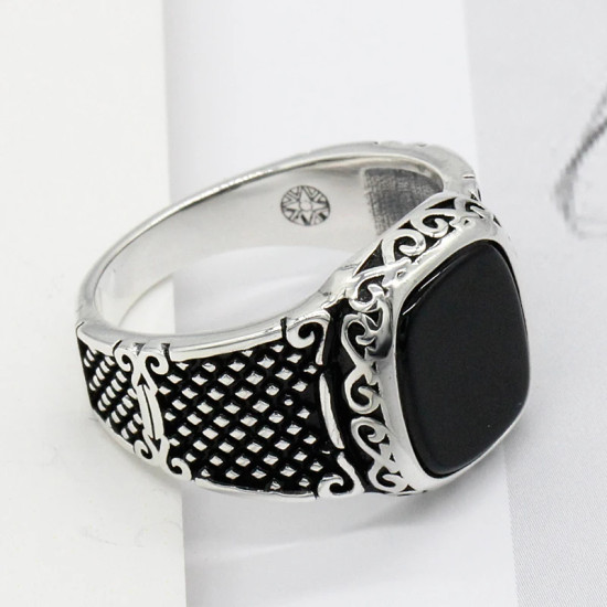 Anillo de Plata de Ley 925 para hombre, piedra natural negra cuadrada, estilo Punk Vintage, joyería de moda urbana para fiesta - malaquita tienda 36