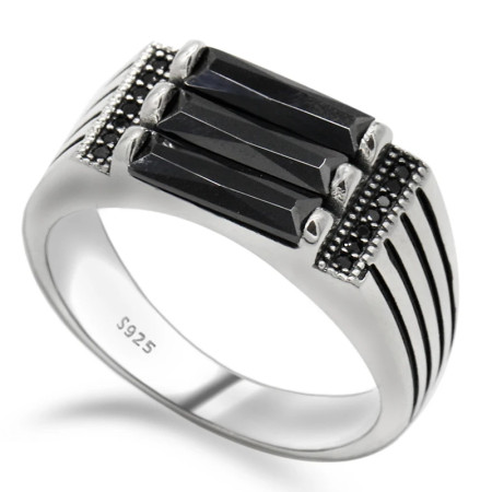 Anillo de Plata de Ley 925 para hombre, anillo con líneas paralelas de cebra, banda de circonita negra, estilo Punk, joyería de fiesta, anillo de boda