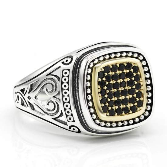 Anillo de Plata de Ley 925 con circonita negra para hombre, sortija cuadrada, Vintage, Punk, diseño hueco, joyería de moda - malaquita tienda 36