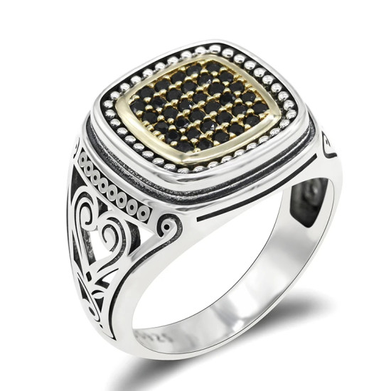 Anillo de Plata de Ley 925 con circonita negra para hombre, sortija cuadrada, Vintage, Punk, diseño hueco, joyería de moda - malaquita tienda 36
