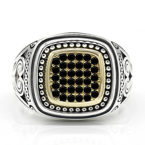 Anillo de Plata de Ley 925 con circonita negra para hombre, sortija cuadrada, Vintage, Punk, diseño hueco, joyería de moda - malaquita tienda 36