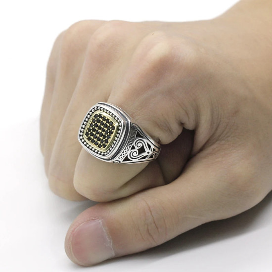 Anillo de Plata de Ley 925 con circonita negra para hombre, sortija cuadrada, Vintage, Punk, diseño hueco, joyería de moda - malaquita tienda 36
