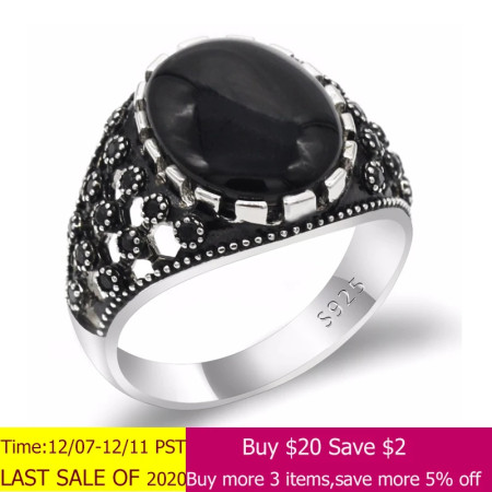 Anillo de Plata de Ley 925 para hombre, piedra de ágata Natural negra, Vintage estilo Punk, joyería turca hecha a mano, regalo de boda para hombre