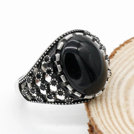 Anillo de Plata de Ley 925 para hombre, piedra de ágata Natural negra, Vintage estilo Punk, joyería turca hecha a mano, regalo de boda para hombre