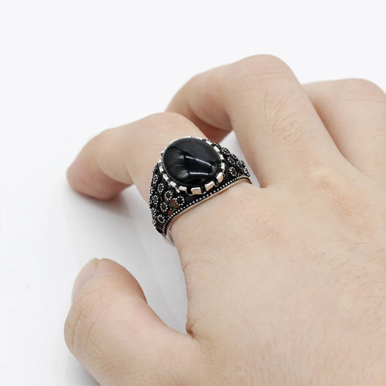 Anillo de Plata de Ley 925 para hombre, piedra de ágata Natural negra, Vintage estilo Punk, joyería turca hecha a mano, regalo de boda para hombre - malaquita tienda 36