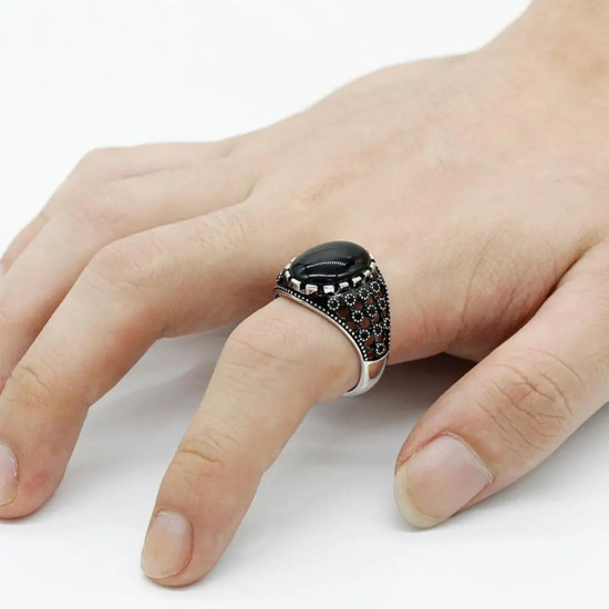 Anillo de Plata de Ley 925 para hombre, piedra de ágata Natural negra, Vintage estilo Punk, joyería turca hecha a mano, regalo de boda para hombre - malaquita tienda 36