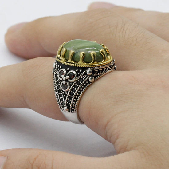 Anillos de plata de ley 925 para hombres, piedra turquesa ovalada y anillo de circón negro para hombres, joyería fina turca de plata antigua Vintage para regalo anillos de piedra turquesa para hombre plata - malaquita tienda 36