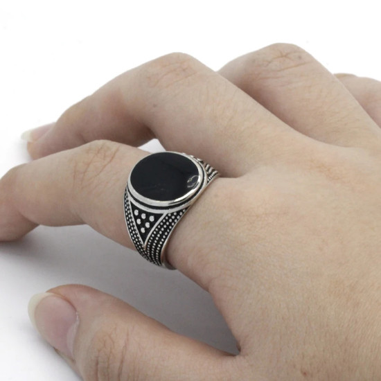 Anillo de Plata de Ley 925 hecho a mano para hombre y mujer, diseño Vintage tailandés de esmalte negro ovalado, joyería de fiesta - malaquita tienda 36
