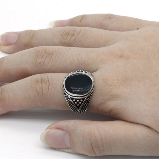 Anillo de Plata de Ley 925 hecho a mano para hombre y mujer, diseño Vintage tailandés de esmalte negro ovalado, joyería de fiesta - malaquita tienda 36
