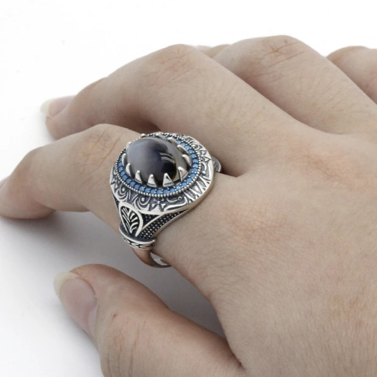 Anillo de Plata de Ley 925 con piedras azules para hombre, anillo grande de piedra Natural, estilo Punk Vintage, turco, hecho a mano, joyería de fiesta - malaquita tienda 36