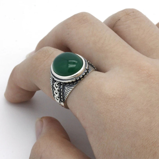 Anillo de Plata de Ley 925 con piedra de ágata Natural para hombre, joyería fina con diseño exquisito, de CZ negro, para boda - malaquita tienda 36