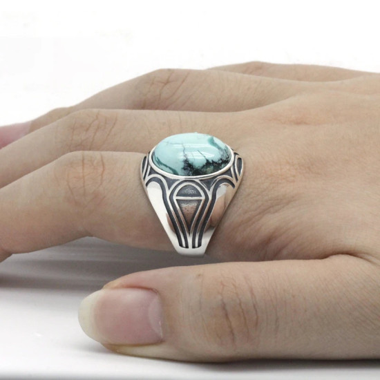 Anillo de piedra para hombre 925 Natural, Plata de ley, piedra azul Original, anillo con diseño de ventana de Dios para hombres, joyería para fiesta turca anillos de piedra turquesa para hombre plata anillo de piedra - malaquita tienda 36