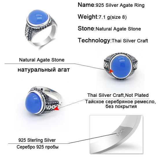 Anillo de plata de ley 100% auténtica para hombre, con piedra de ágata Natural, Círculo de leopardo, piedra de circón negro, anillo de boda de moda - malaquita tienda 36