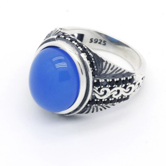 Anillo de plata de ley 100% auténtica para hombre, con piedra de ágata Natural, Círculo de leopardo, piedra de circón negro, anillo de boda de moda - malaquita tienda 36