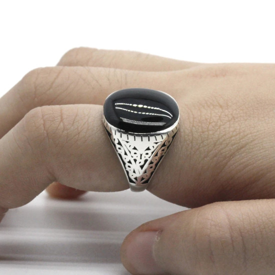 Anillo negro turco de Plata de Ley 925 para hombre y mujer, anillo esmaltado negro, diseño tallado Vintage Original, joyería - malaquita tienda 36