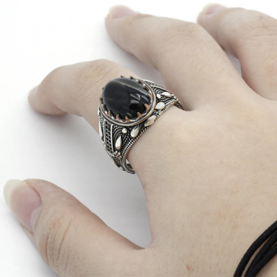 Anillo de Plata de Ley 925 con diseño de ágata Natural para hombre, sortija ovalada, estilo Punk, gota de agua, joyería hecha a mano - malaquita tienda 36