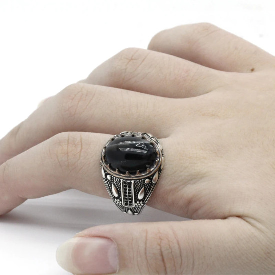 Anillo de Plata de Ley 925 con diseño de ágata Natural para hombre, sortija ovalada, estilo Punk, gota de agua, joyería hecha a mano - malaquita tienda 36
