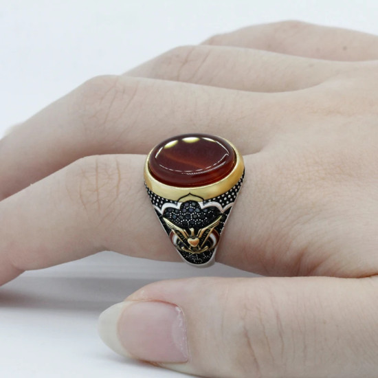Anillo de Plata de Ley 925 con forma de águila para hombre, sortija ovalada, color rojo, piedra Natural, estilo Punk, Size8-13 - malaquita tienda 36