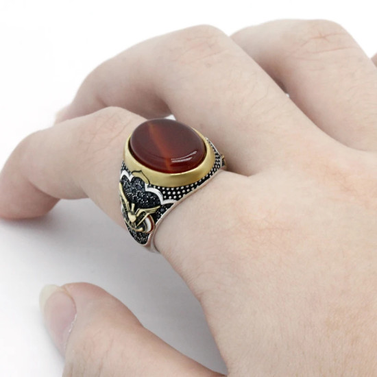 Anillo de Plata de Ley 925 con forma de águila para hombre, sortija ovalada, color rojo, piedra Natural, estilo Punk, Size8-13 - malaquita tienda 36