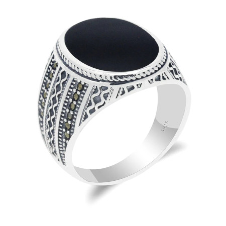 Anillo de Plata de Ley 925 auténtica para hombre, anillo ovalado grande de esmalte negro para hombre, estilo Retro Vintage, joyería turca hecha a mano, regalo Anillo de Plata de Ley 925 auténtica para hombre, anillo ovalado grande de esmalte negro para hombre, estilo Retro Vintage, joyería turca hecha a mano, regalo