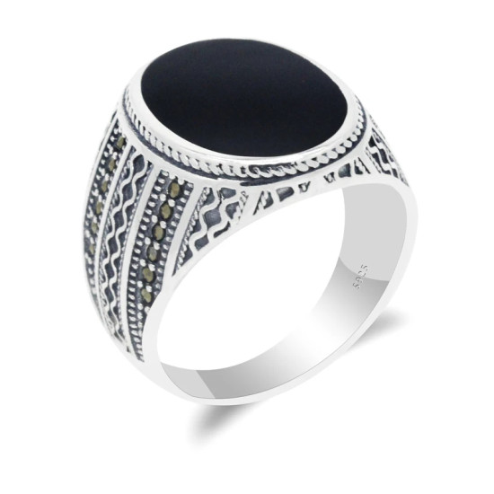 Anillo de Plata de Ley 925 auténtica para hombre, anillo ovalado grande de esmalte negro para hombre, estilo Retro Vintage, joyería turca hecha a mano, regalo - malaquita tienda 36