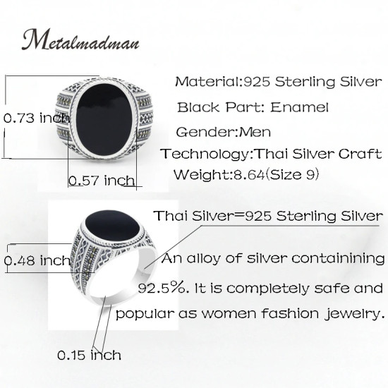 Anillo de Plata de Ley 925 auténtica para hombre, anillo ovalado grande de esmalte negro para hombre, estilo Retro Vintage, joyería turca hecha a mano, regalo - malaquita tienda 36