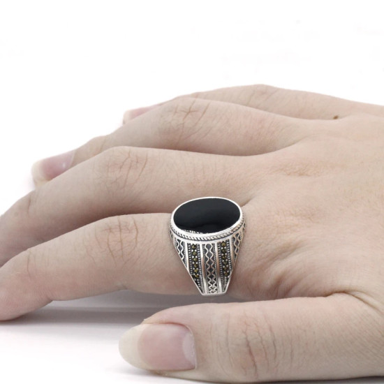Anillo de Plata de Ley 925 auténtica para hombre, anillo ovalado grande de esmalte negro para hombre, estilo Retro Vintage, joyería turca hecha a mano, regalo - malaquita tienda 36