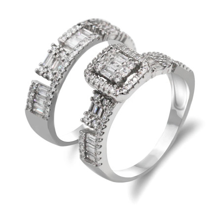 Deslumbrante anillo de Plata de Ley 925 de 2 uds. De piedra CZ, conjunto de anillos de compromiso/boda para mujer, diseño único, joyería de alta calidad fina Deslumbrante anillo de Plata de Ley 925 de 2 uds. De piedra CZ, conjunto de anillos de compromiso/boda para mujer, diseño único, joyería de alta calidad fina