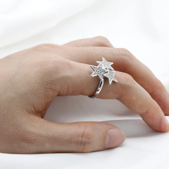 Anillo de circonia cúbica para mujer, sortija de 3 estrellas de estilo romántico, Color blanco, brillante, ajustable, a la moda - malaquita tienda 36