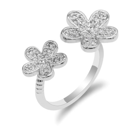 Anillos abiertos de doble flor para mujer, anillos de dedo de tamaño ajustable para mujer, estilo romántico, deslumbrante, piedra CZ, joyería de moda Anillos abiertos de doble flor para mujer, anillos de dedo de tamaño ajustable para mujer, estilo romántico, deslumbrante, piedra CZ, joyería de moda