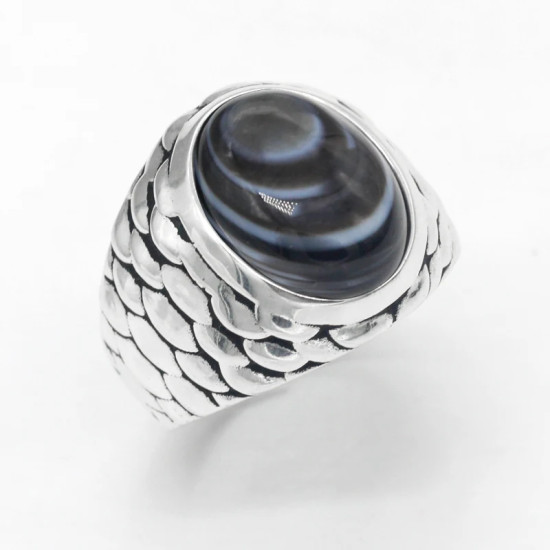 Anillo de Plata de Ley 925 para hombre, piedra de ágata negra, ojo Natural, Punk, Vintage, joyería de fiesta, regalo de joyería fina - malaquita tienda 36