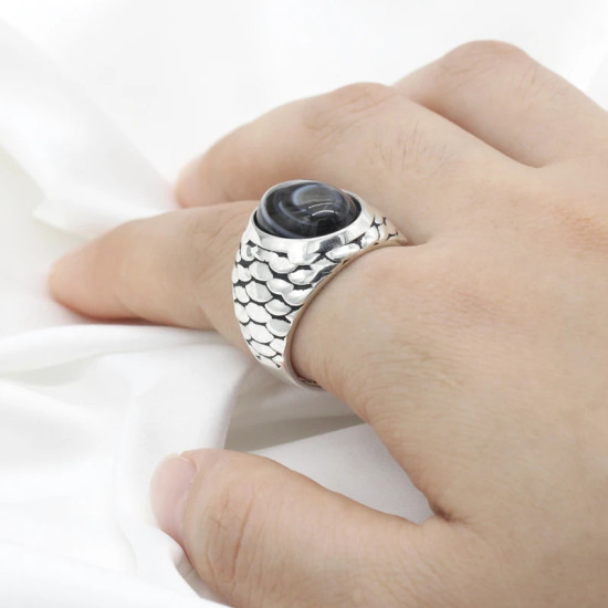 Anillo de Plata de Ley 925 para hombre, piedra de ágata negra, ojo Natural, Punk, Vintage, joyería de fiesta, regalo de joyería fina - malaquita tienda 36