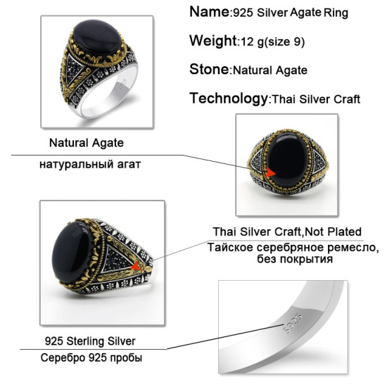 Anillo de Plata de Ley 925 con piedra de ágata Natural negra para hombre, joyería turca hecha a mano, Shofar, súper genial - malaquita tienda 36