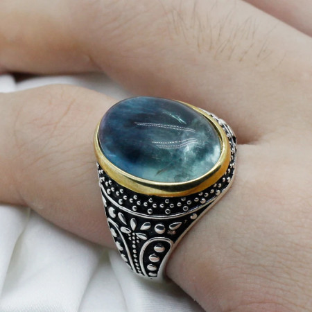 Anillos de plata 925 pura para hombre, piedra de fluorita Natural azul, anillos exquisitos hechos a mano para boda/Fiesta, regalos de moda, joyería fina Anillos de plata 925 pura para hombre, piedra de fluorita Natural azul, anillos exquisitos hechos a mano para boda/Fiesta, regalos de moda, joyería fina