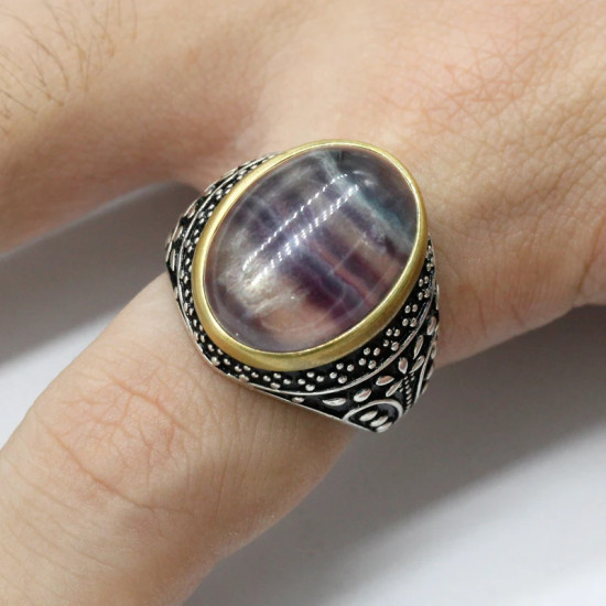 Anillo de plata 925 pura para hombre y mujer, conjunto de joyería Vintage con forma de nube de fluorita Natural púrpura, regalo de boda/fiesta - malaquita tienda 36