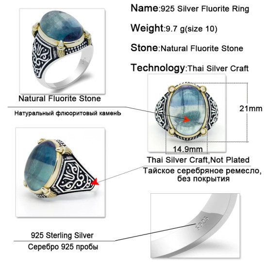 Anillos de plata 925 auténtica para hombre, con piedra de fluorita Natural azul, joyería fina turca, estilo Punk Retro - malaquita tienda 36