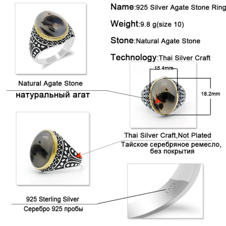 Anillo de Plata de Ley 925 para hombre, piedra de ágata Natural, estilo Punk, diseño exquisito, flor de goteo, joyería de boda de la suerte