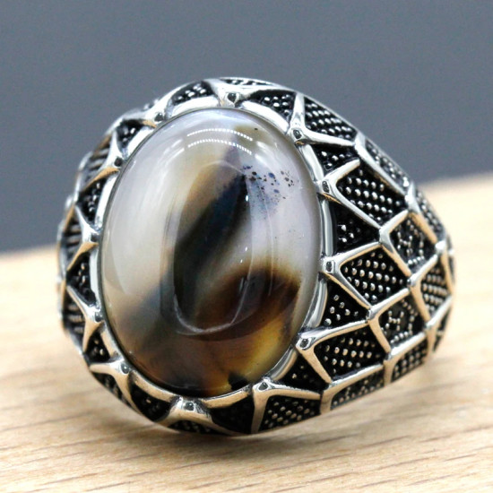 Anillos de ónix Natural para hombre, de Plata de Ley 925, piedra de ágata oceánica Natural, estilo Punk, conjunto de anillos de joyería turca para mujer - malaquita tienda 36