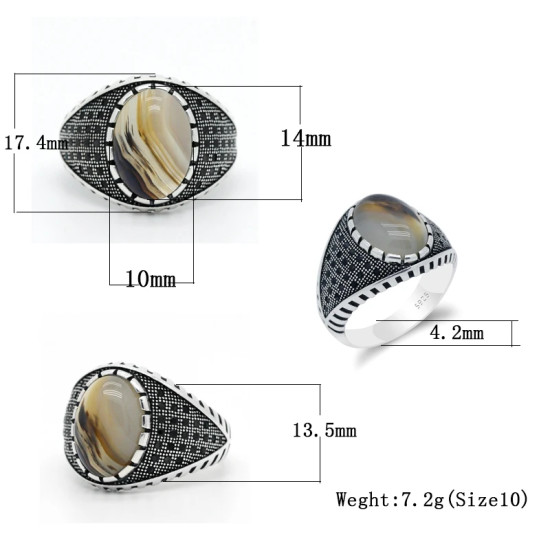 Anillo de piedra Natural auténtica para hombre, de Plata de Ley 925 pura con piedra de ágata, engranaje de plata tailandesa, piedra CZ, joyería de fiesta turca - malaquita tienda 36