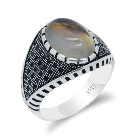 Anillo de piedra Natural auténtica para hombre, de Plata de Ley 925 pura con piedra de ágata, engranaje de plata tailandesa, piedra CZ, joyería de fiesta turca - malaquita tienda 36
