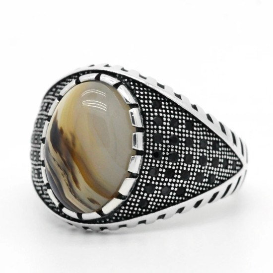 Anillo de piedra Natural auténtica para hombre, de Plata de Ley 925 pura con piedra de ágata, engranaje de plata tailandesa, piedra CZ, joyería de fiesta turca - malaquita tienda 36